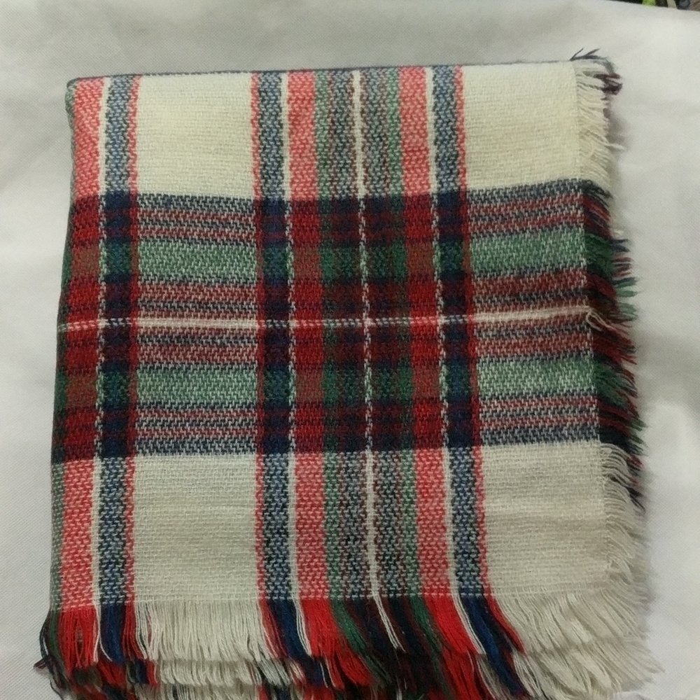 𝅺Cream Red Green Blue Plaid Woven Blanket Scarf with Fringe